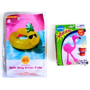 SUN SQUAD Inflatable Swim Tube Split Ring Pineapple AND Pink Flamingo Bundle NEW